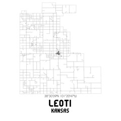 Leoti Kansas. US street map with black and white lines.