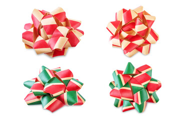 Festive multi colored ribbon bow on a white isolated background