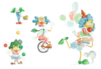 Set of funny watercolor clowns. Series of illustrated circus performers isolated on transparent background. Clipart for the design of greeting cards, birthday gift bags