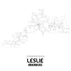 Leslie Arkansas. US street map with black and white lines.