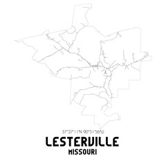 Lesterville Missouri. US street map with black and white lines.