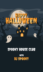 Happy Halloween Poster, Banner with Castle Icon, ghost and dark grey color. Suitable to use on Halloween event. Also suitable for uploading social media at Halloween events