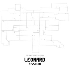 Leonard Missouri. US street map with black and white lines.
