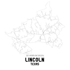 Lincoln Texas. US street map with black and white lines.