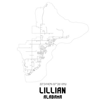 Lillian Alabama. US street map with black and white lines.