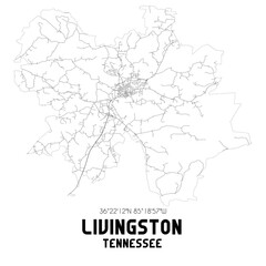 Livingston Tennessee. US street map with black and white lines.