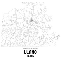 Llano Texas. US street map with black and white lines.