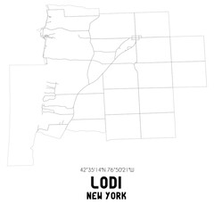 Lodi New York. US street map with black and white lines.