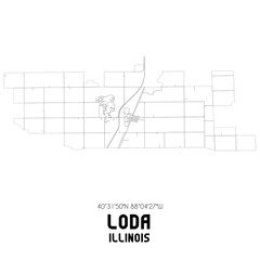 Loda Illinois. US street map with black and white lines.