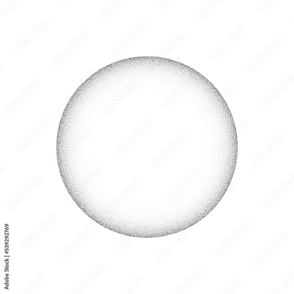 Poster Grain circle gradient. Stippled round shape. Radial stochastic dotwork texture. Random grunge noise background. Black dots sphere. Halftone vector 