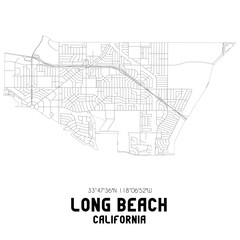 Long Beach California. US street map with black and white lines.