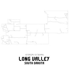 Long Valley South Dakota. US street map with black and white lines.