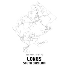 Longs South Carolina. US street map with black and white lines.