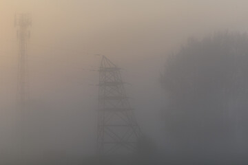 Power lines in the morning fog