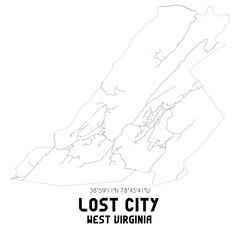 Lost City West Virginia. US street map with black and white lines.