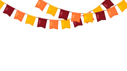 Thanksgiving bunting. Orange, red and yellow flag garland. Autumn holidays party decoration. Fall pennants chain.Celebration cartoon flags for decor. Footer and banner background