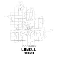 Lowell Michigan. US street map with black and white lines.