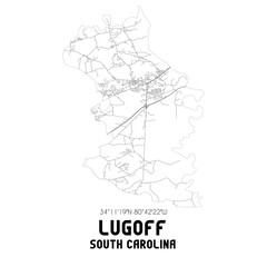 Lugoff South Carolina. US street map with black and white lines.