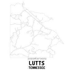 Lutts Tennessee. US street map with black and white lines.