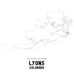 Lyons Colorado. US street map with black and white lines.