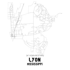 Lyon Mississippi. US street map with black and white lines.