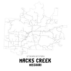 Macks Creek Missouri. US street map with black and white lines.