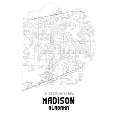 Madison Alabama. US street map with black and white lines.