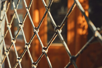 Fototapeta premium Abstract background, grating of metal bars in the park, selective background, idea for an intro or article about travel and urban environment