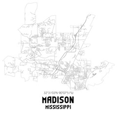 Madison Mississippi. US street map with black and white lines.