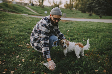 A man cleans up poop after his dog while walking on the lawn. - obrazy, fototapety, plakaty