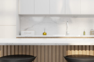 Fototapeta na wymiar Blurred interior of modern kitchen with white walls, white tile floor, white countertops and wooden cupboards and accents. Table for your product in foreground or as a background image. 3d rendering