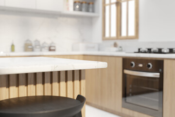 Blurred interior of modern kitchen with white walls, white tile floor, white countertops and wooden cupboards and accents. Table for your product in foreground or as a background image. 3d rendering