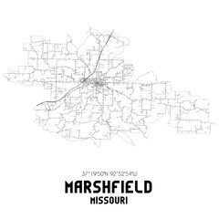 Marshfield Missouri. US street map with black and white lines.