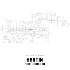 Martin South Dakota. US street map with black and white lines.