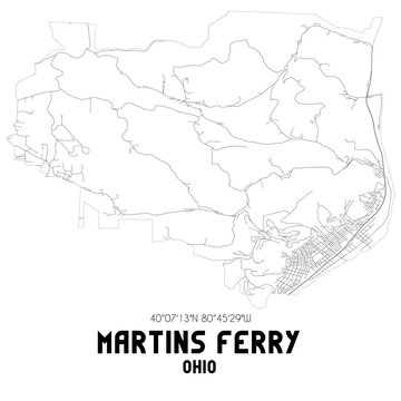 Martins Ferry Ohio. US street map with black and white lines.