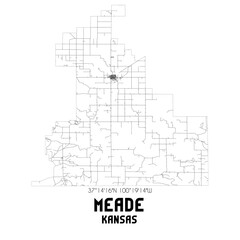 Meade Kansas. US street map with black and white lines.