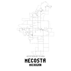 Mecosta Michigan. US street map with black and white lines.