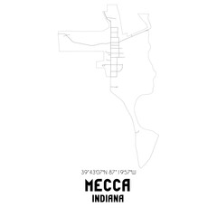 Mecca Indiana. US street map with black and white lines.