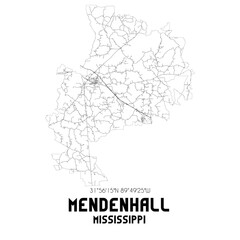 Mendenhall Mississippi. US street map with black and white lines.
