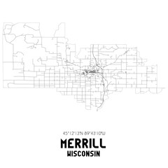Merrill Wisconsin. US street map with black and white lines.