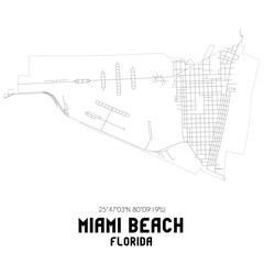 Miami Beach Florida. US street map with black and white lines.
