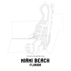 Miami Beach Florida. US street map with black and white lines.