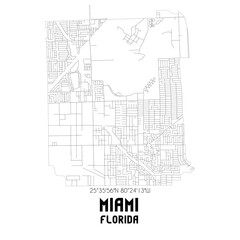 Miami Florida. US street map with black and white lines.