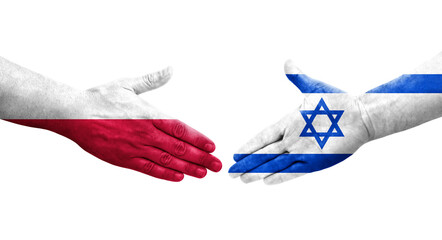 Handshake between Israel and Poland flags painted on hands, isolated transparent image.