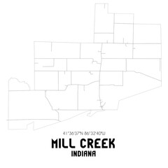 Mill Creek Indiana. US street map with black and white lines.