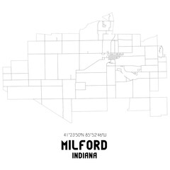 Milford Indiana. US street map with black and white lines.