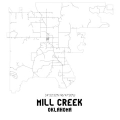 Mill Creek Oklahoma. US street map with black and white lines.