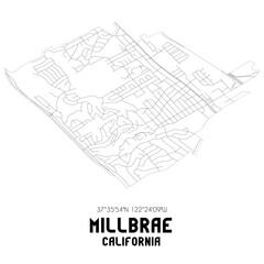 Millbrae California. US street map with black and white lines.