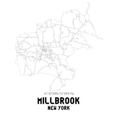 Millbrook New York. US street map with black and white lines.