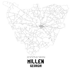 Millen Georgia. US street map with black and white lines.